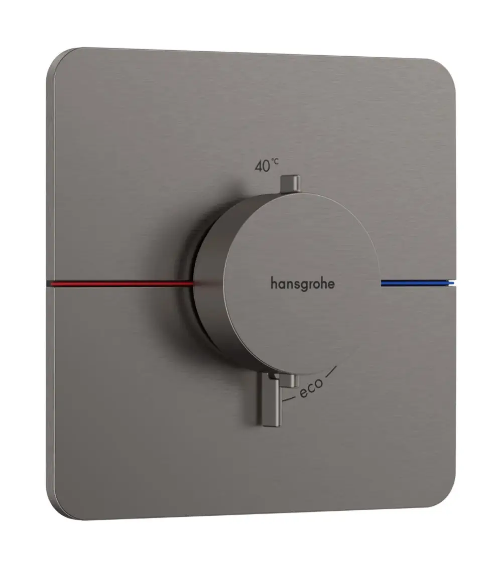 Thermostat von Hansgrohe in gebürstetem Schwarzchrom mit Drehregler für Temperatur und Eco-Funktion, auf quadratischem Plattenfeld angebracht.